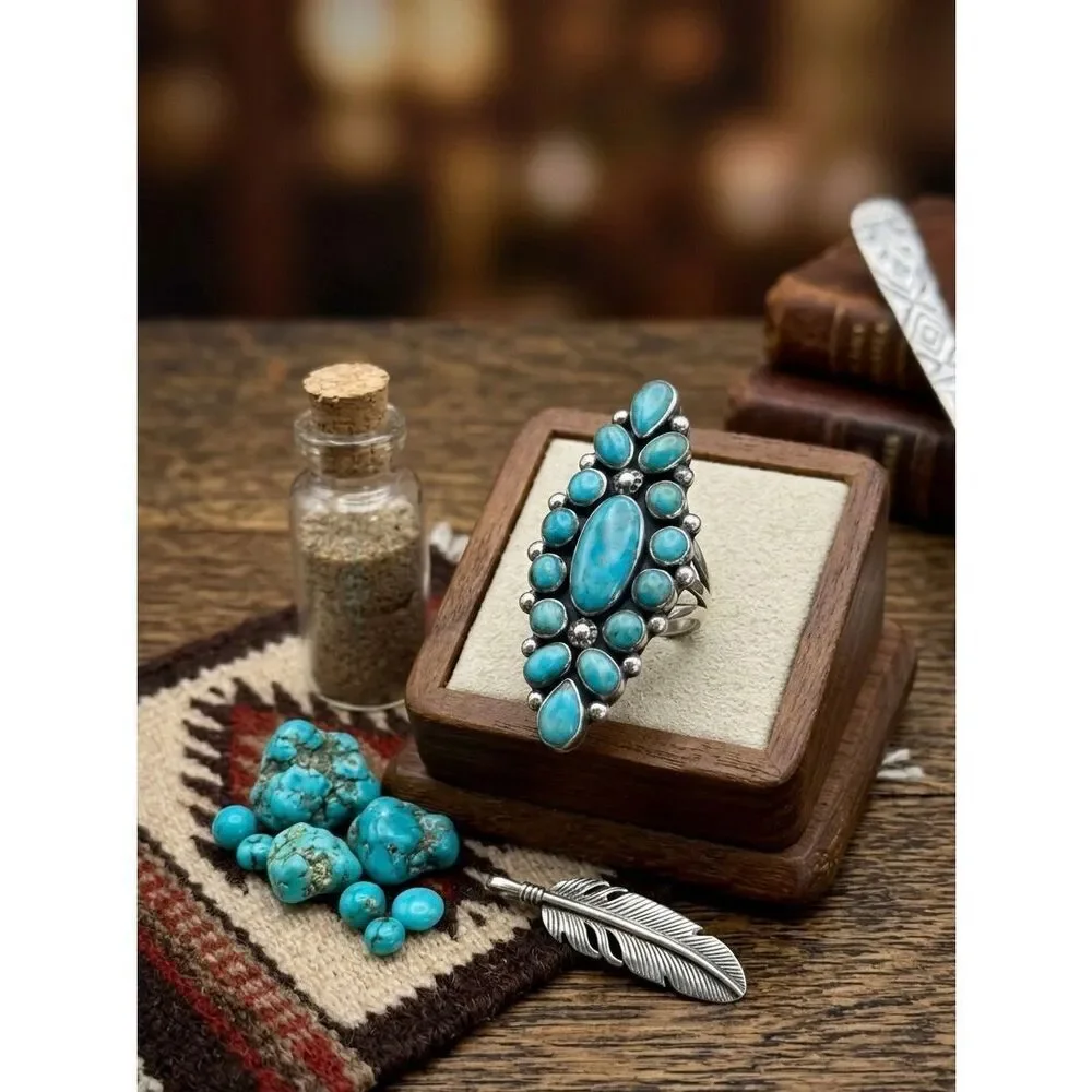 Stunning Southwestern Sterling Silver Turquoise Cluster Ring Statement Piece 8